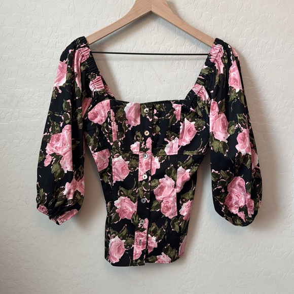 WAYF Floral Puff Sleeve Square Neck 3/4 Sleeve Blouse size small - Picture 3 of 7